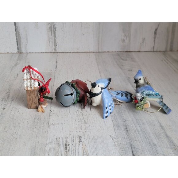 Red cardinal blue jay set ornament Xmas bell - Picture 4 of 5